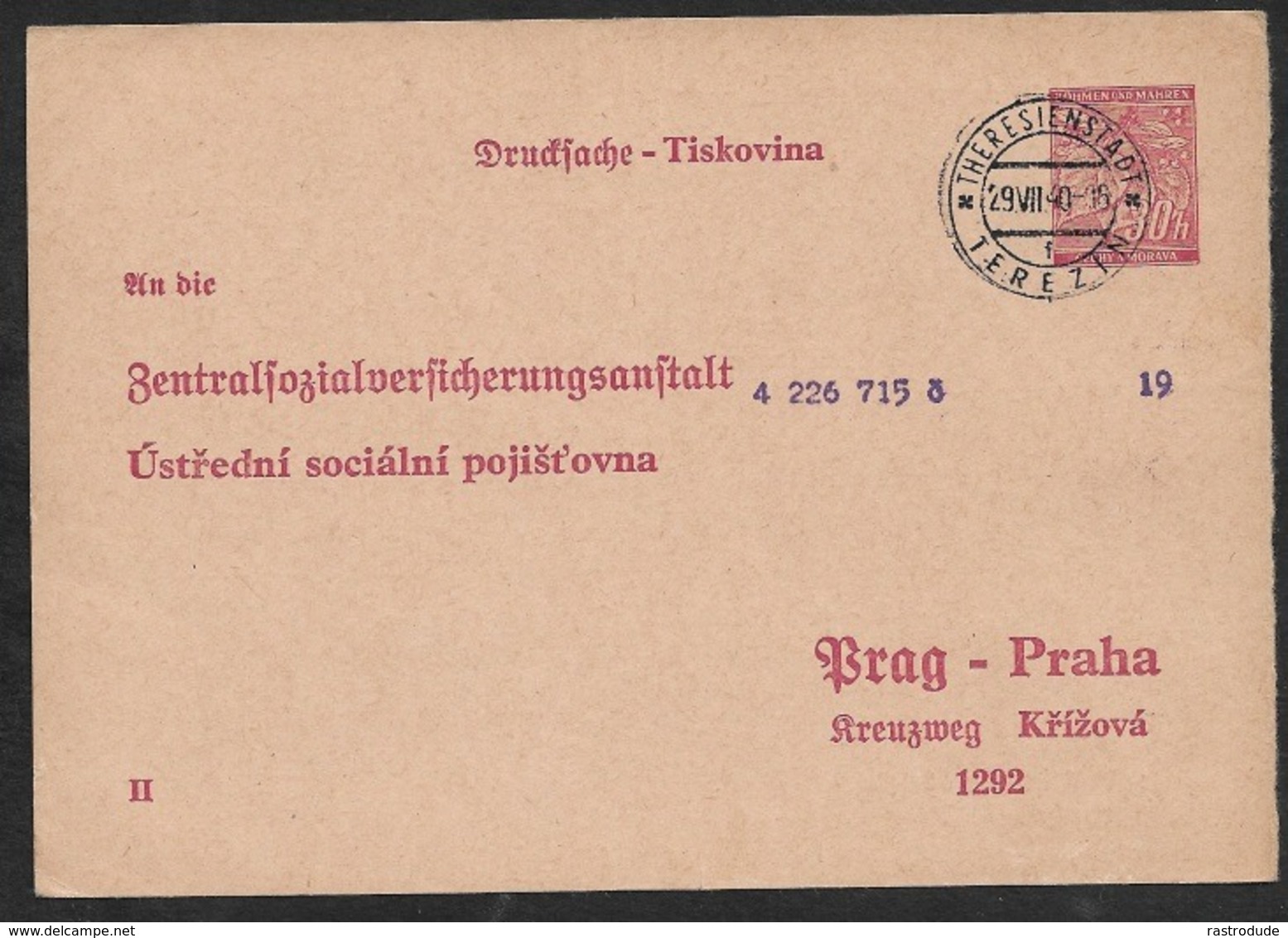 1940 Besetzungsausgabe BÖHMEN & MÄHREN - GS PK Auf Bestellung Einer Behörde 30H Mi.DP1 A - Theresienstadt - Covers & Documents