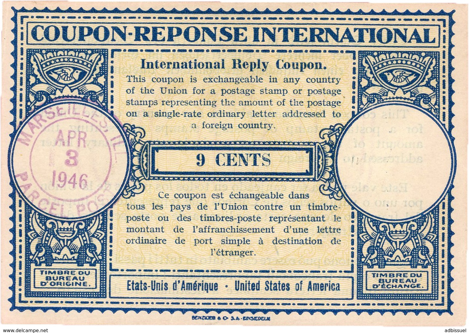 COUPON-REPONSE INTERNATIONAL USA Type Londres Obliteration Lilas "MARSEILLES ILL. PARCEL POST 3/4/46" / 9 Cents. TB - Coupons-réponse