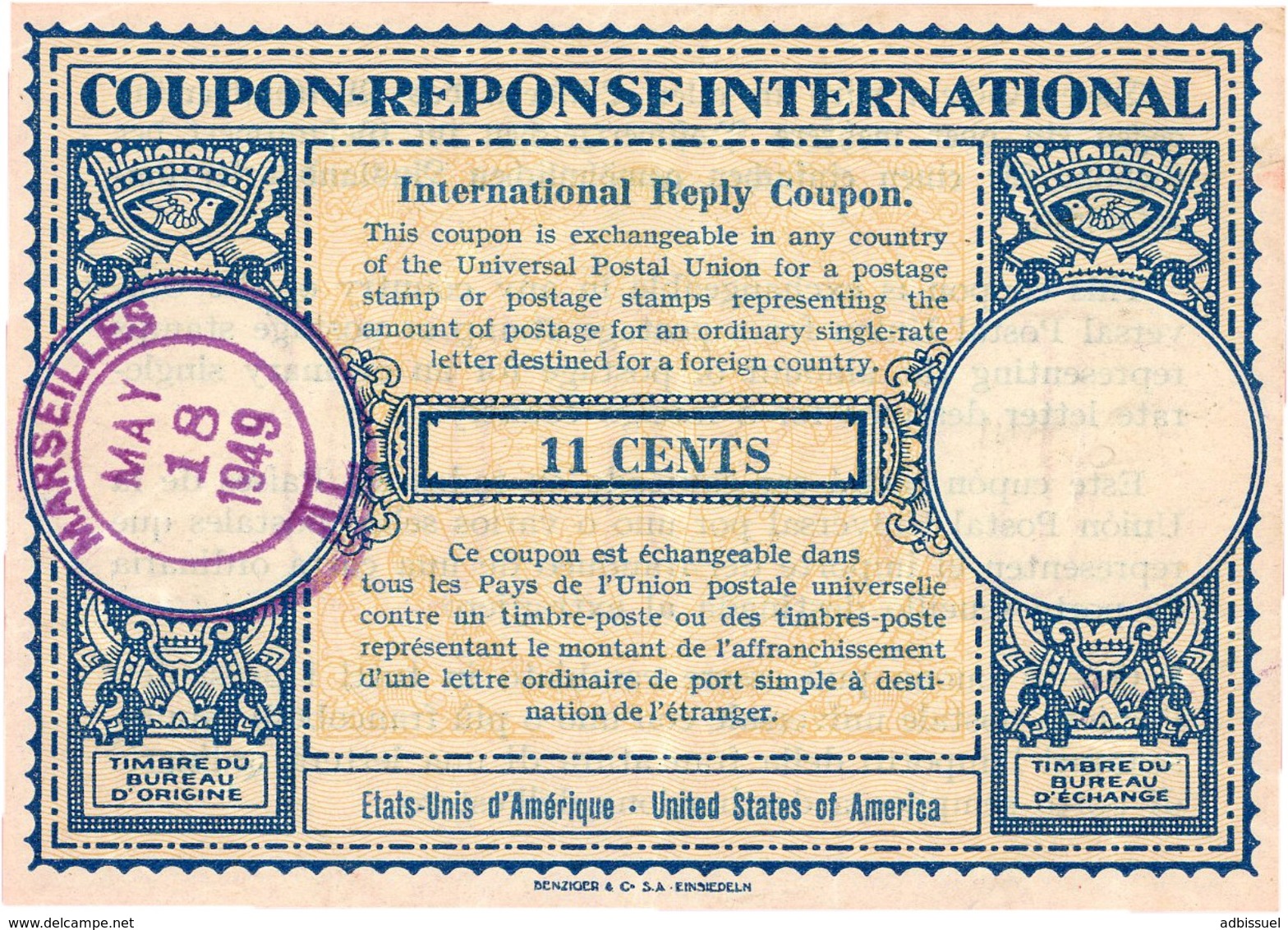 COUPON-REPONSE INTERNATIONAL USA Type Londres Obliteration Lilas "MARSEILLES ILL.18/5/49" / 11 Cents. TB - Cupón-respuesta