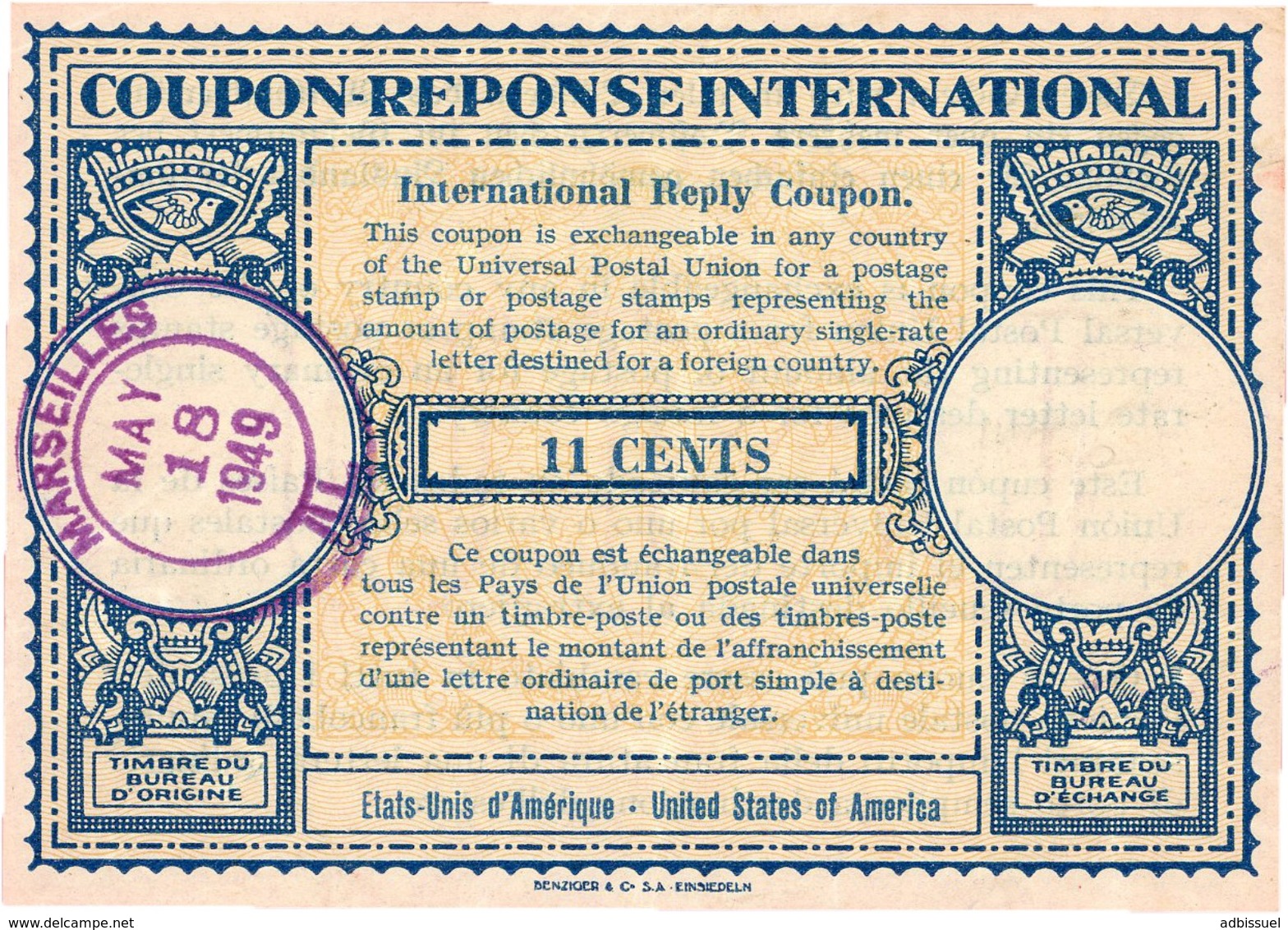 COUPON-REPONSE INTERNATIONAL USA Type Londres Obliteration Lilas "MARSEILLES ILL.18/5/49" / 11 Cents. TB - Antwortscheine