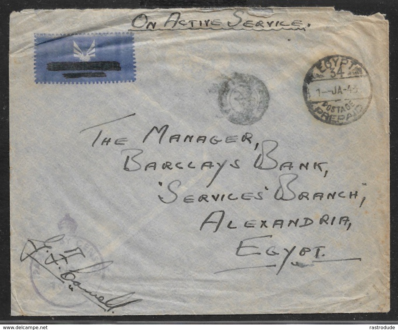 1943 GB-EGYPT OAS Censored Envelope Cds EGYPT POSTAGE PREPAID To ALEXANDRIA. Middle East Forces - Marcophilie