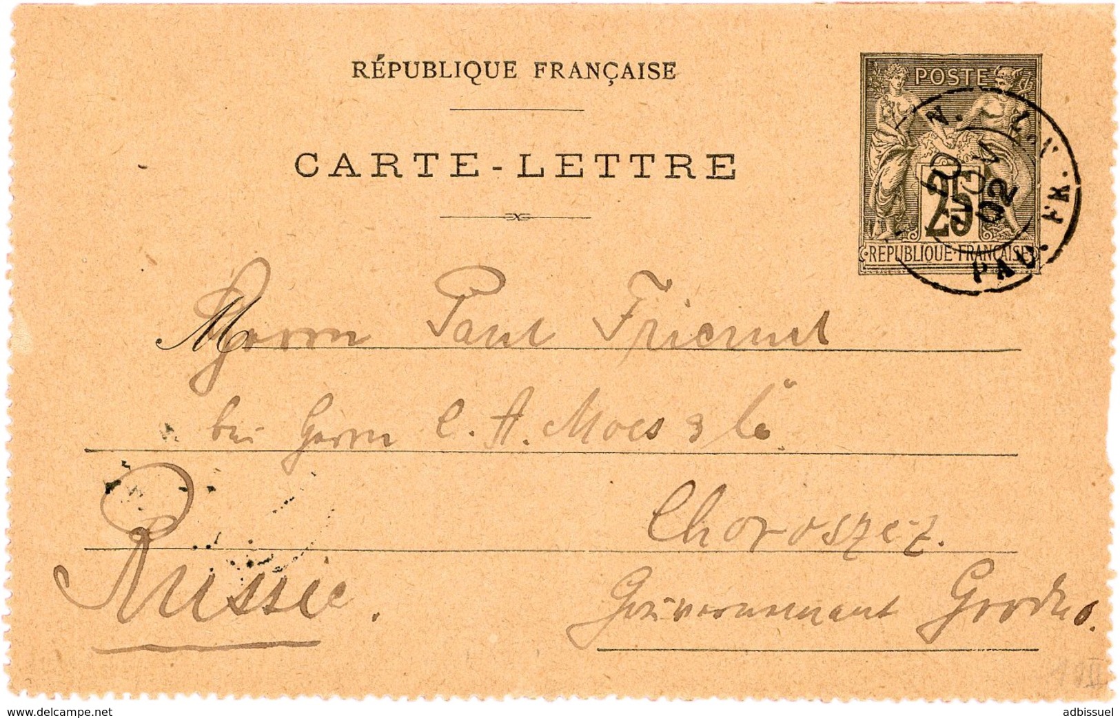 1902 Carte Lettre 25ct Adressée En RUSSIE Obl. C.à.d "LIGNE N. PAQ. FR. N°7 10/11/02" (Escale De Shanghai, Indice 13) - Cartoline-lettere