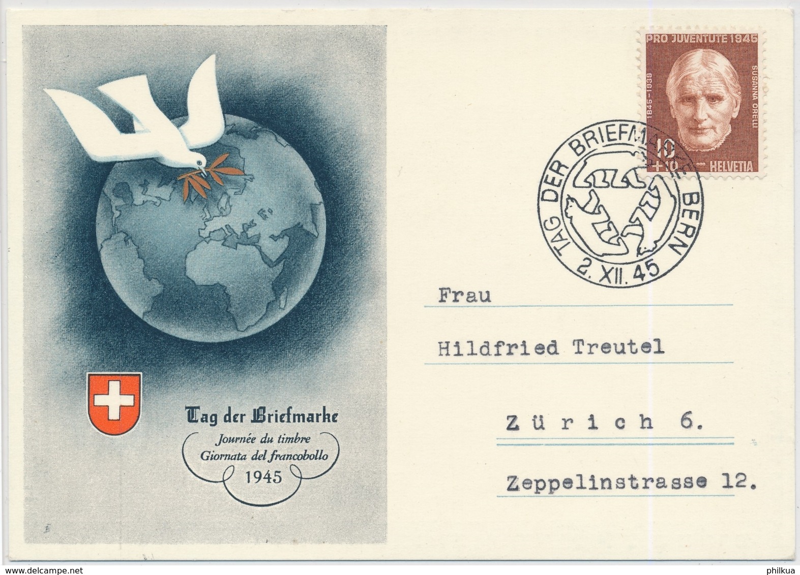 Pro Juventute 114 Auf Offizieller Karte TAG DER BRIEFMARKE 1945 Bern - Storia Postale