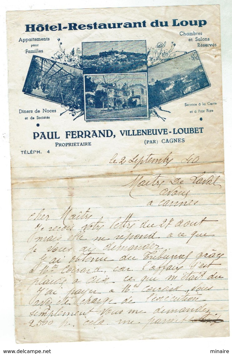 VILLENEUVE LOUBET - Hôtel Restaurant Du Loup - Paul Ferrand -  Papier à Lettre 1940 - 1900 – 1949