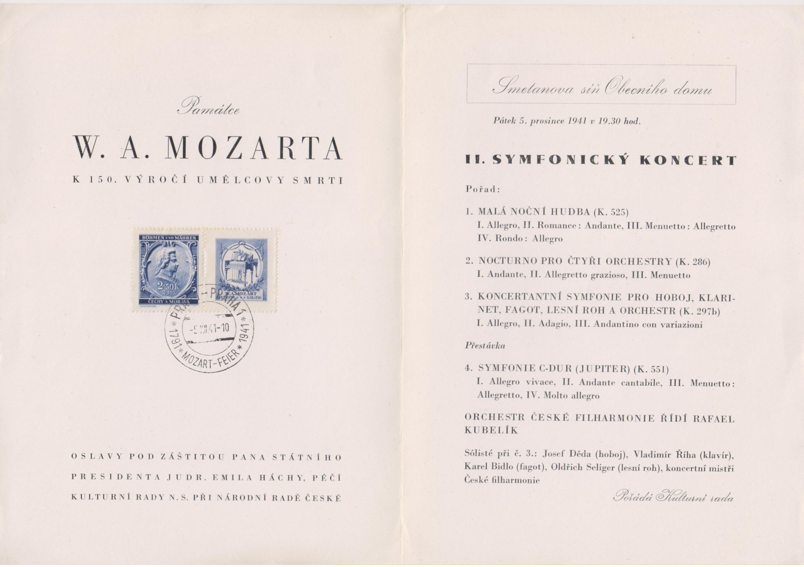 W.A, Mozart  II. Symfonie Konzert  Praga 5.12.1941  Bohmen U. Mahren Michel Michel # 82 Mit SST  Klappkarte - Other & Unclassified