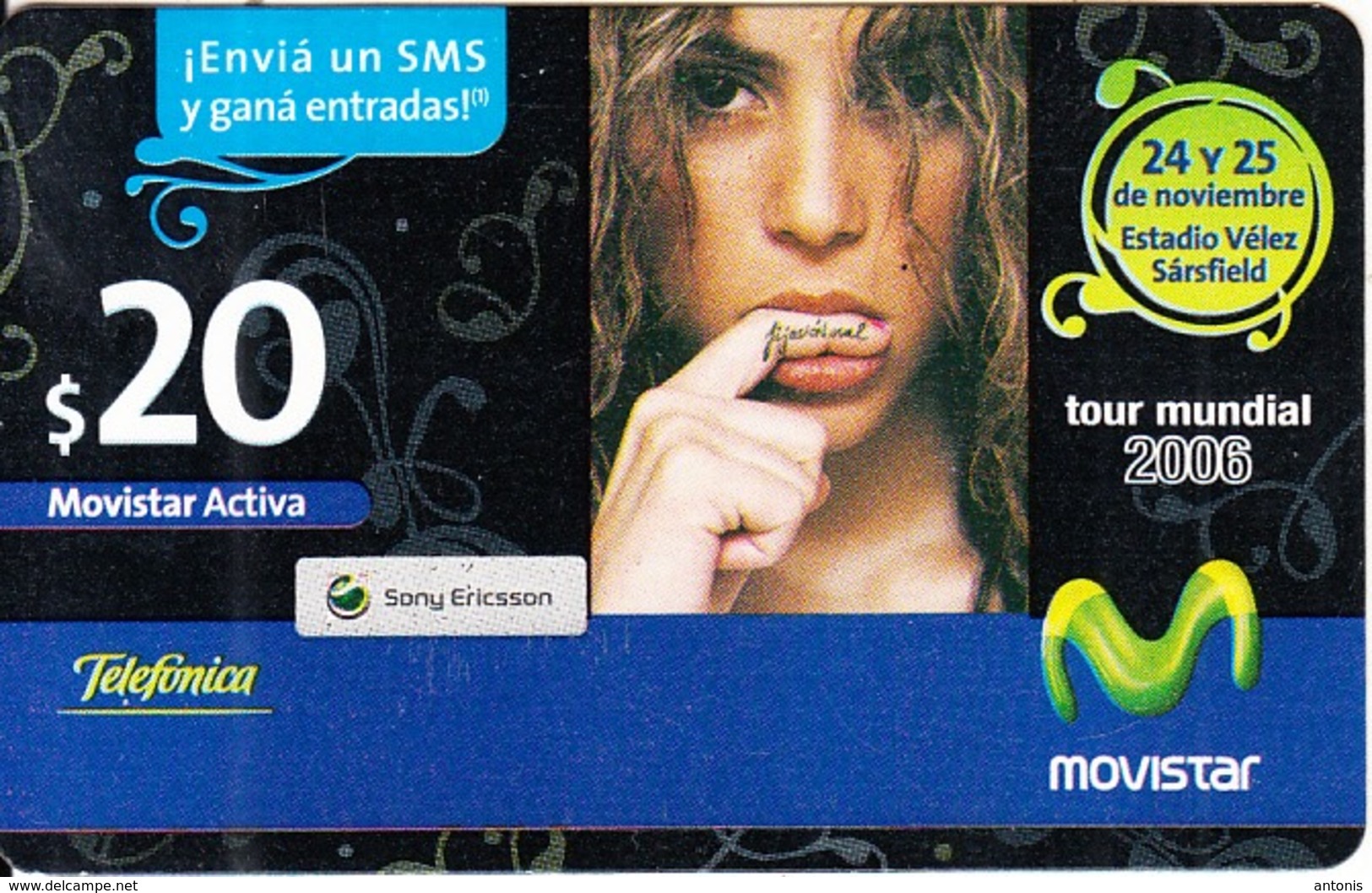 ARGENTINA - Shakira, Tour Mundial 2006, , Movistar By Telefonica Prepaid Card $20, Exp.date 31/12/10, Used - Musique