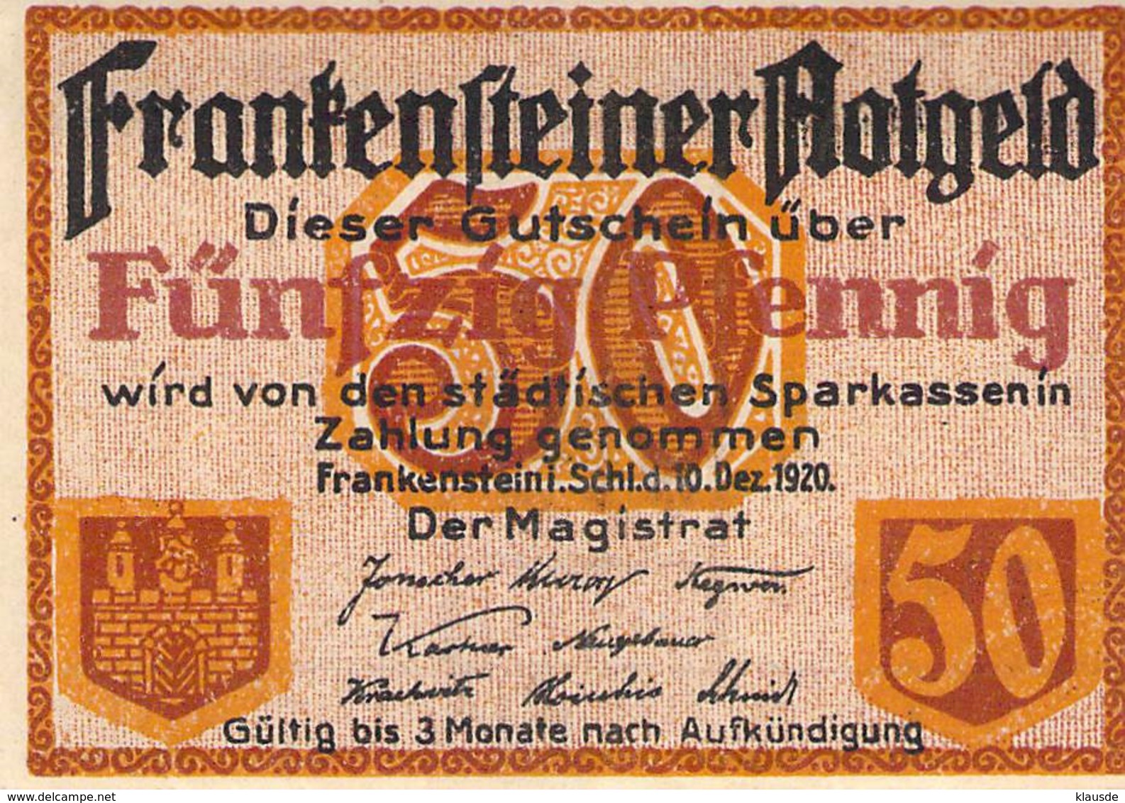 50pfg. Notgeld Stadt Frankenstein UNC (I) - [11] Emissions Locales