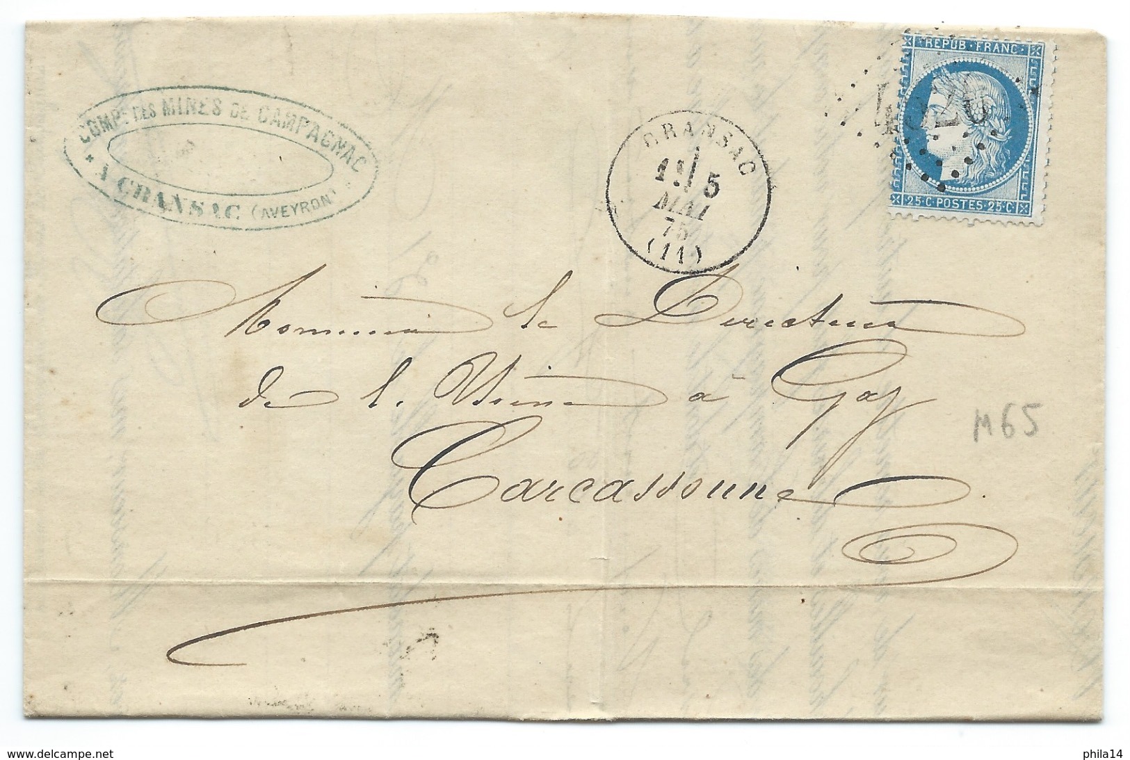 N° 60 BLEU CERES SUR LETTRE / CRANSAC AVEYRON POUR CARCASSONNE  1875 MINES DE CAMPAGNAC - 1849-1876: Période Classique