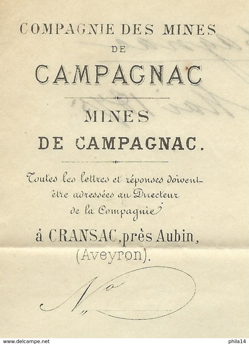 N° 60 BLEU CERES SUR LETTRE / CRANSAC AVEYRON POUR CARCASSONNE  1875 MINES DE CAMPAGNAC - 1849-1876: Période Classique