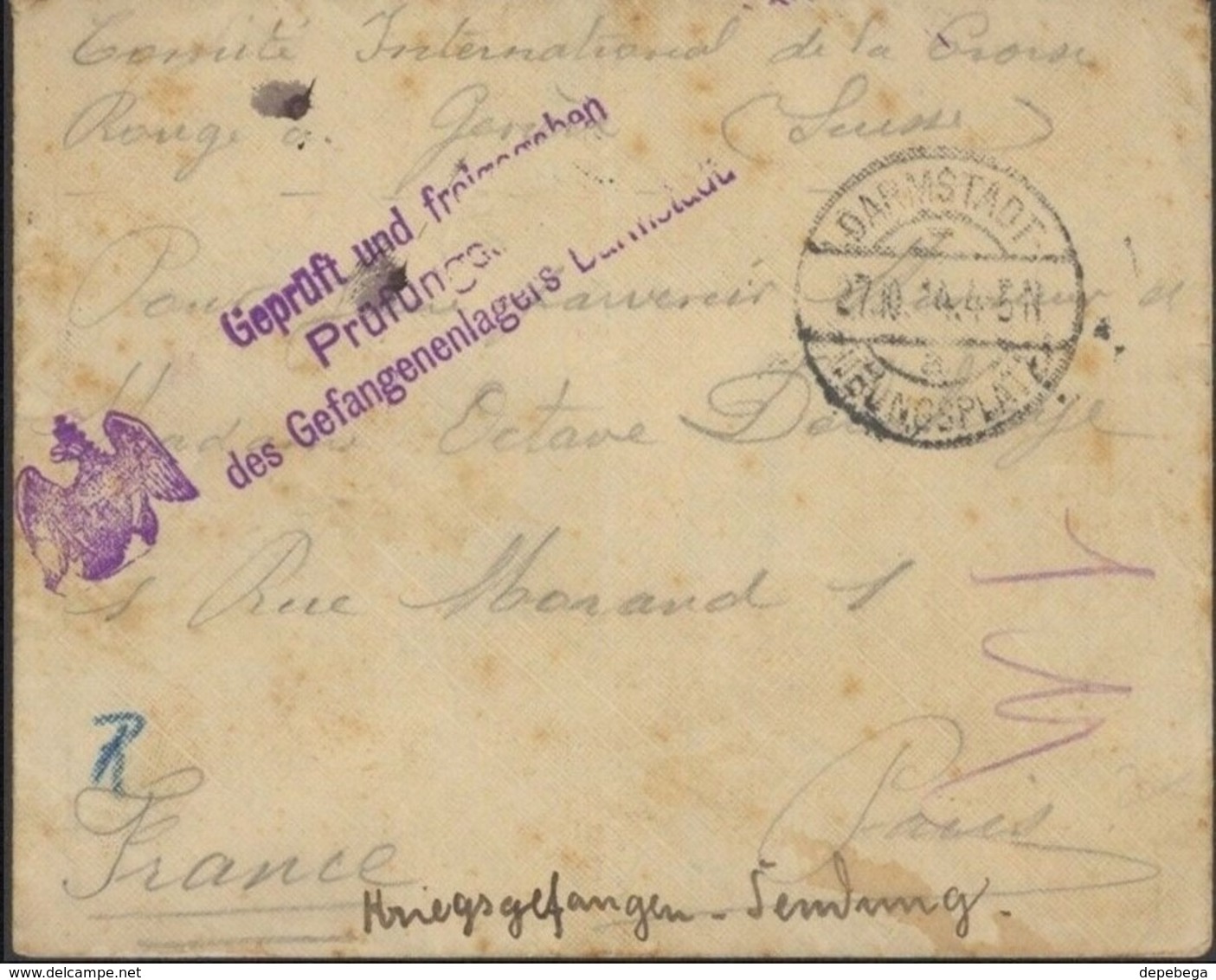 Germany - POW Red Cross, WW1 'Geprüft - Gefangenenlagers DARMSTADT' 27.10.1914 - Paris, France. - Lettres & Documents