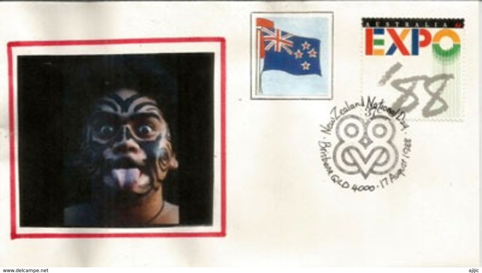 NEW-ZEALAND NATIONAL DAY. UNIVERSAL EXPO BRISBANE 1988 AUSTRALIA. (guerrier Maori) - - Lettres & Documents