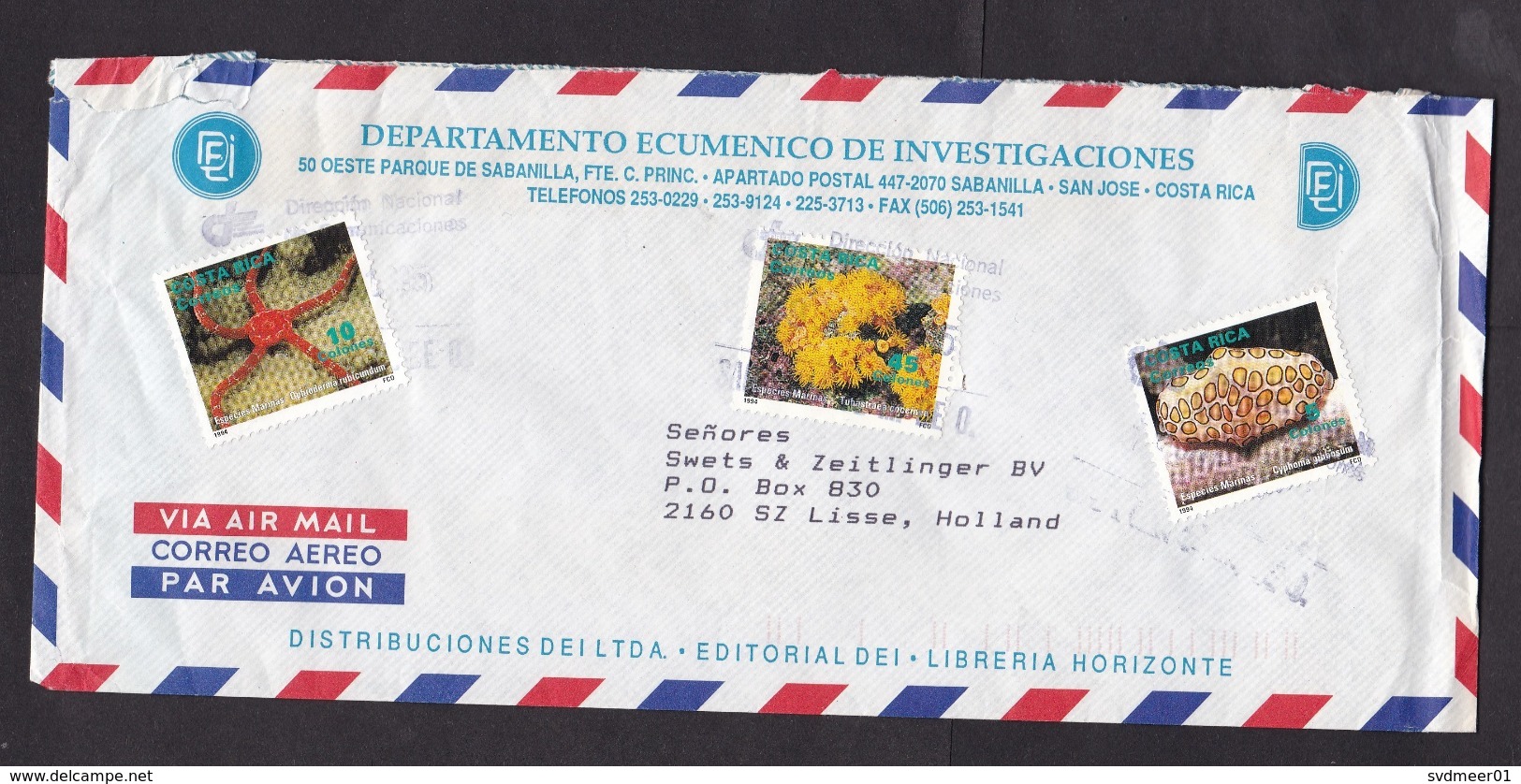 Costa Rica: Airmail Cover To Netherlands, 1995, 3 Stamps, Sea Life, Underwater Animal (minor Damage) - Costa Rica
