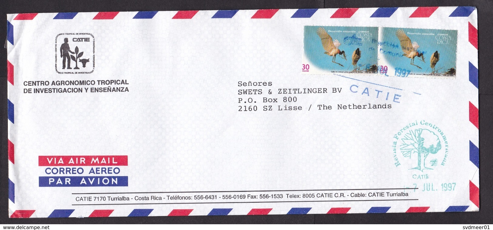 Costa Rica: Airmail Cover To Netherlands, 1997, 2 Stamps, Stork Bird, Animal (traces Of Use) - Costa Rica