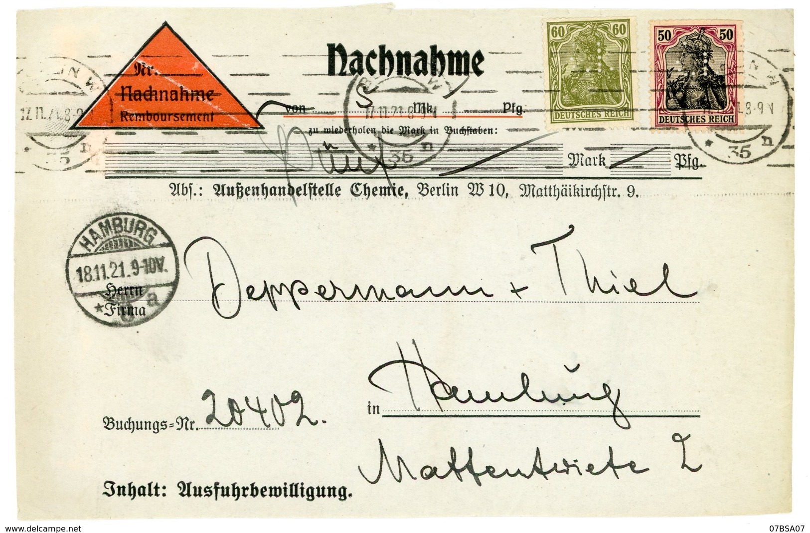 ALLEMAGNE DEVANT DE LETTRE 1921 BERLIN SUR TIMBRE PERFORE I - Lettres & Documents