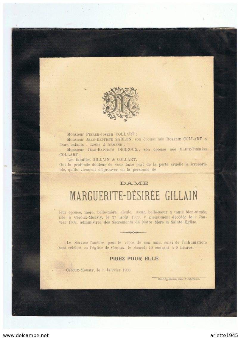 FAIRE PART DE DECES DAME MARGUERITE - DESIREE GILLAIN   Décédée à CEROUX MOUSTY 190 - Images Religieuses