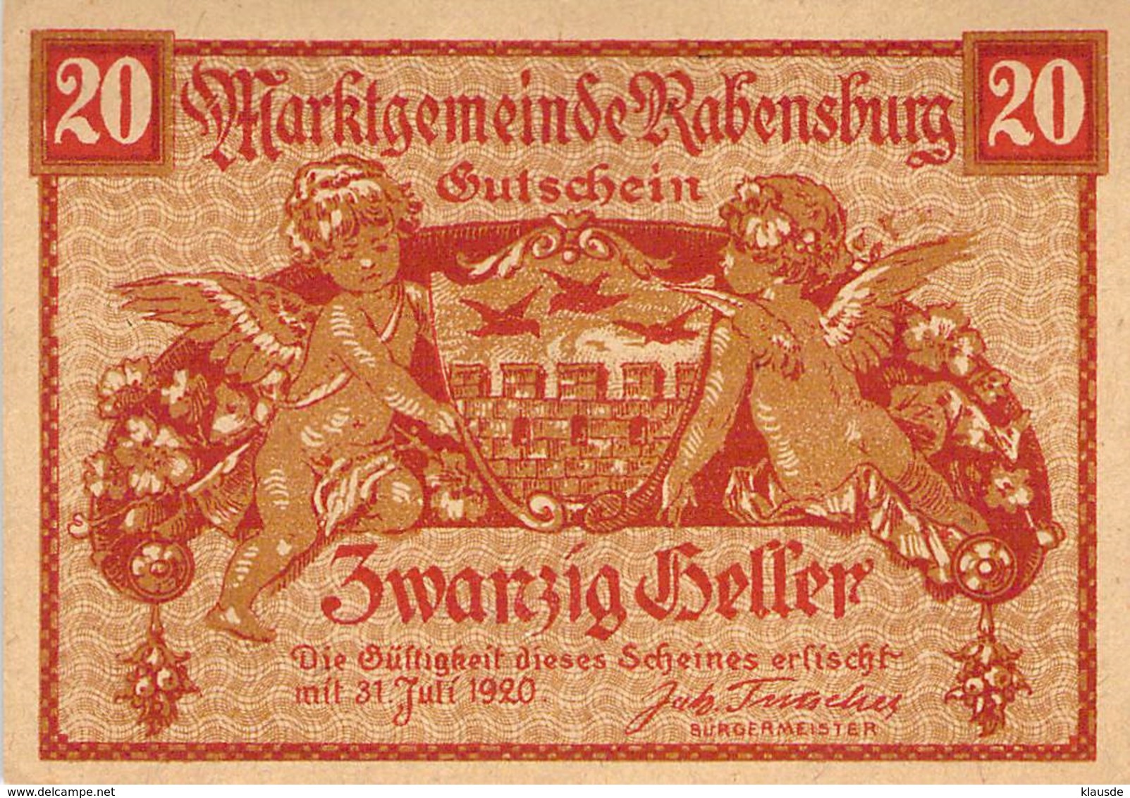 20 Heller Notgeld Marktgemeinde Rabensburg (Niederöstr.) UNC (I) - Austria