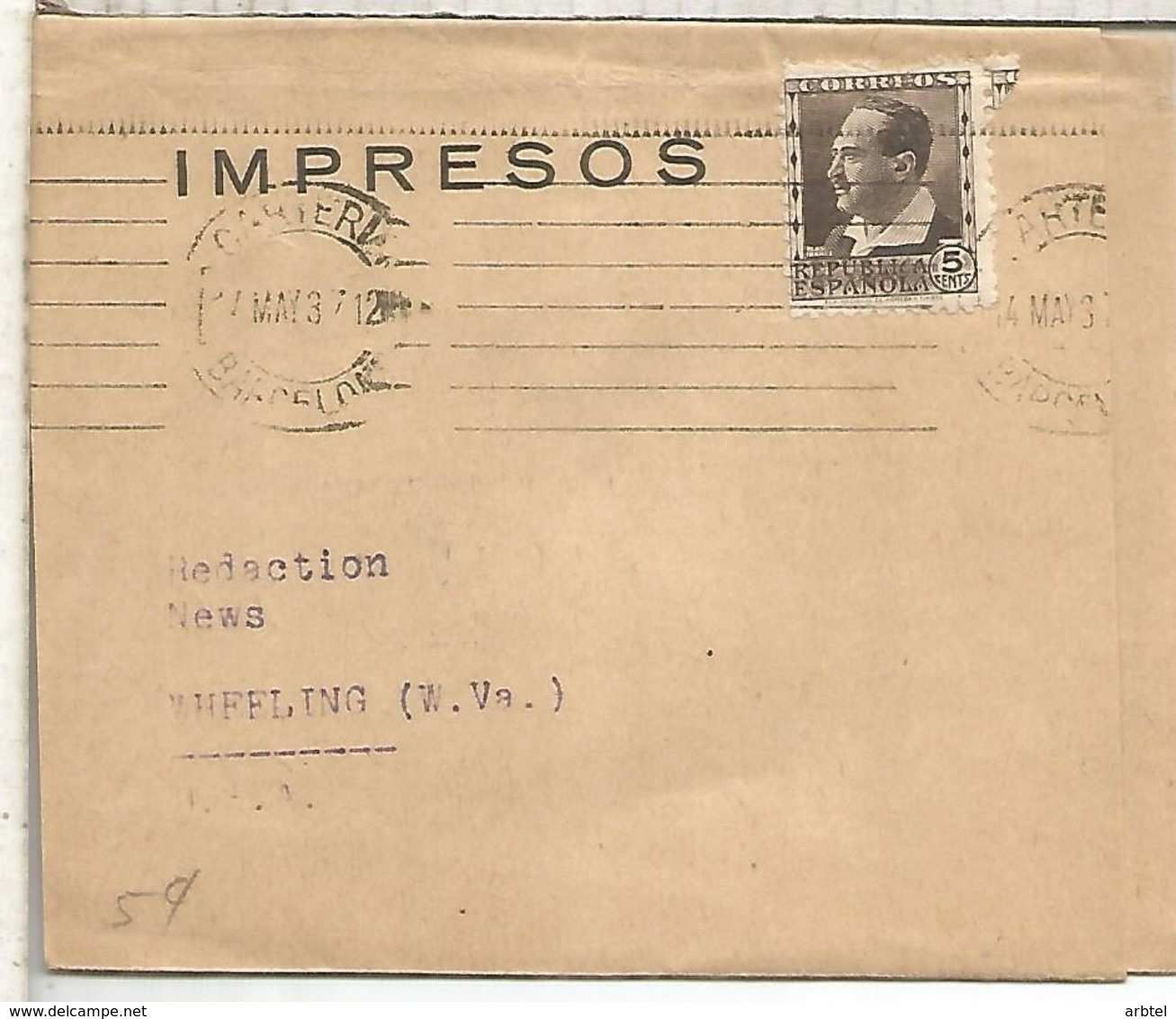 BARCELONA GUERRA CIVIL FAJA PRENSA A USA 1937 SELLO BLASCO IBAÑEZ - Cartas & Documentos