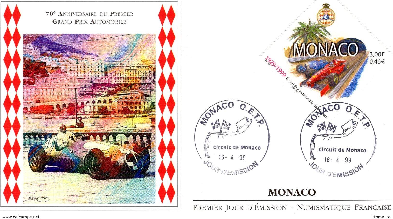 Monaco 1999  -  70e Anniversaire Du Premier Grand Prix Automobile - Maserati - Envelope Premier Jour/First Day Cover FDC - Automobilismo