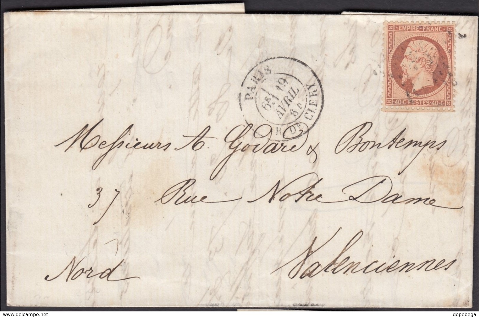 France - 40c. Napoleon III (MiNr. 22, Yvert 23) Folded Letter, PARIS (Rue De Cléry) 19.4.1964 - Valenciennes. - 1862 Napoléon III