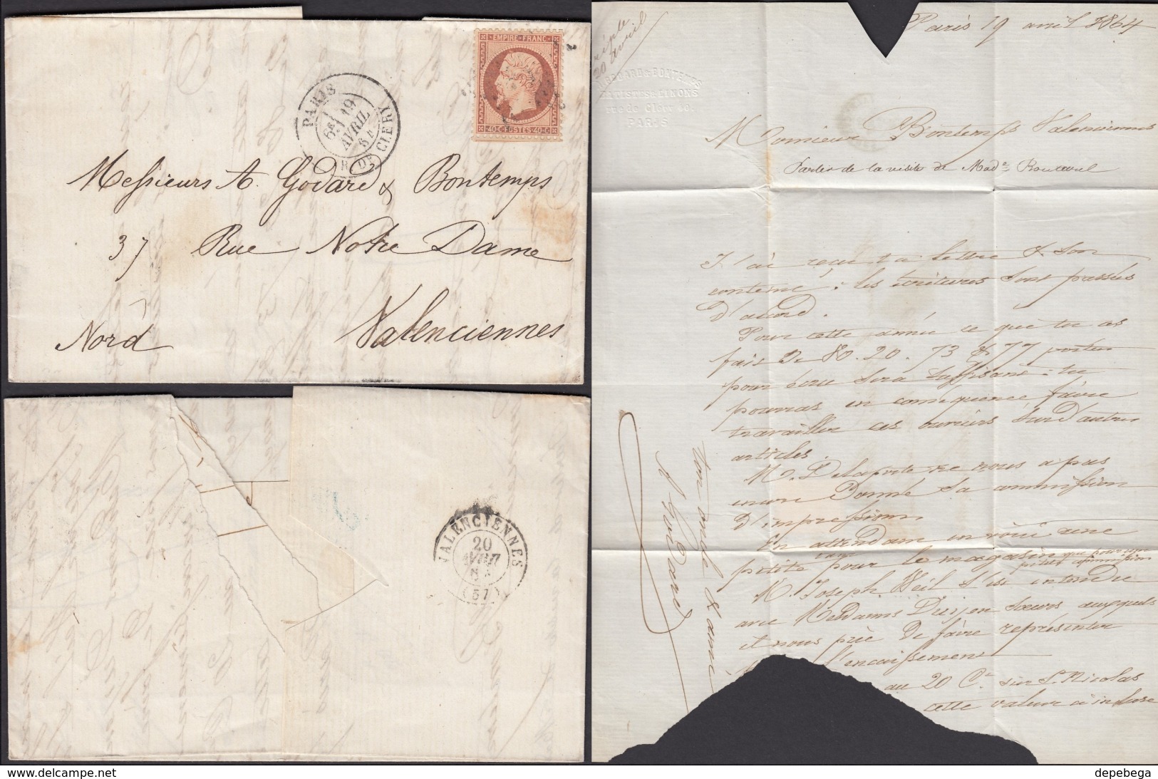 France - 40c. Napoleon III (MiNr. 22, Yvert 23) Folded Letter, PARIS (Rue De Cléry) 19.4.1964 - Valenciennes. - 1862 Napoléon III