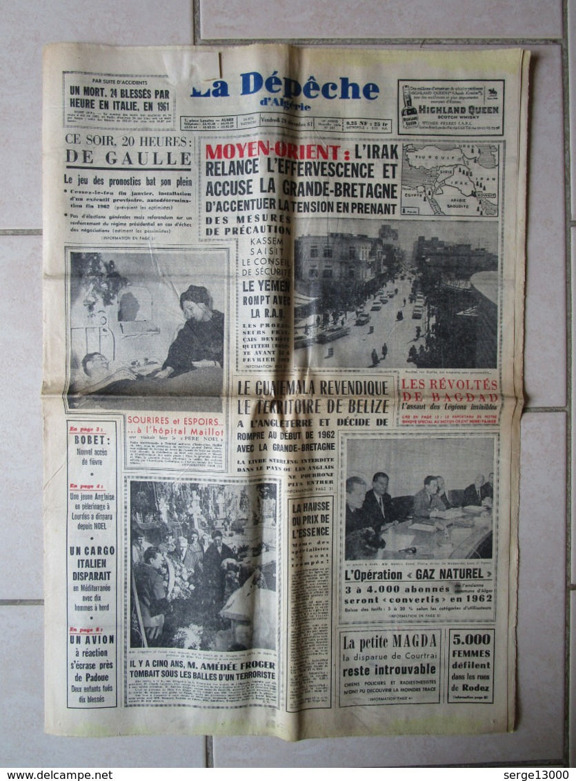 Journal La Depeche D Algérie Décembre 1961 Bagdad - Attentat - Info Alger Blida Tizi Ouzou Medea Orléansville Sétif - 1950 - Today