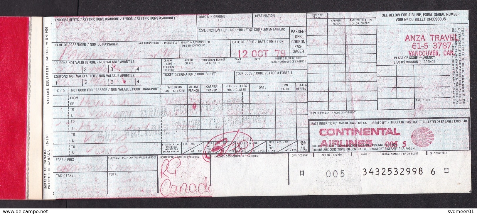 Australia: Flight Ticket Continental Airlines, 1979, Rare Revenue Stamp Airport Departure Tax $10 (traces Of Use) - Tickets