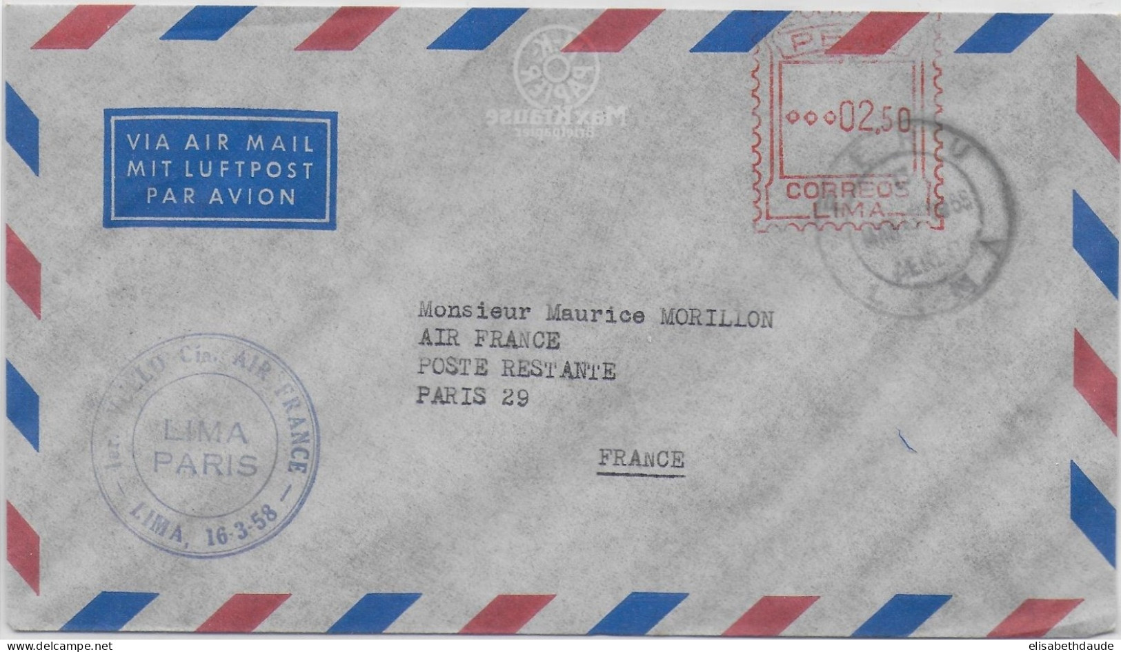 1958 - PEROU - ENVELOPPE 1° VOL LIGNE AERIENNE AIR FRANCE De LIMA à PARIS - Peru