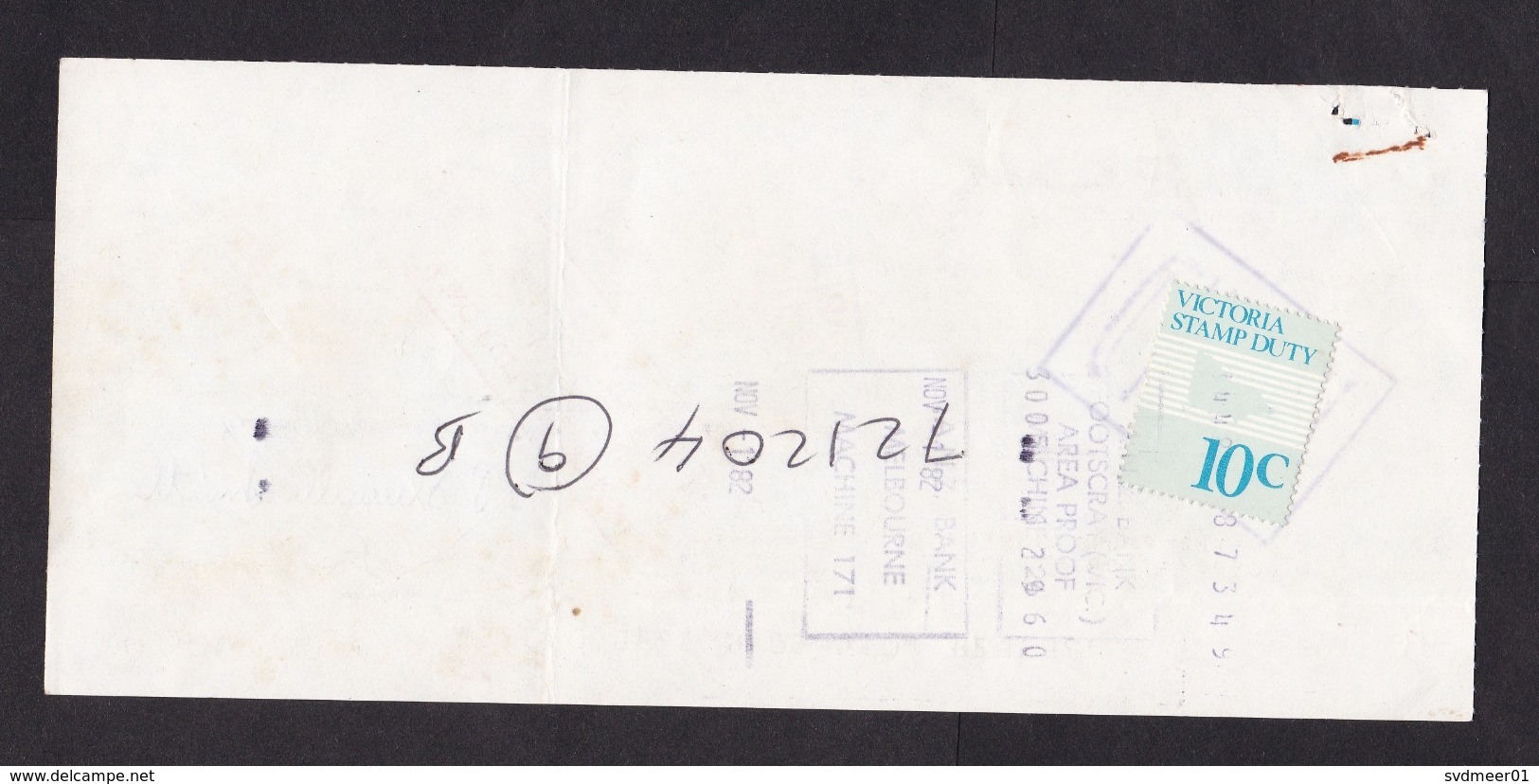 Australia - Victoria: Bank Payment Form, 1982, Revenue Stamp Duty 10c, ANZ Bank (minor Damage) - Cheques En Traveller's Cheques