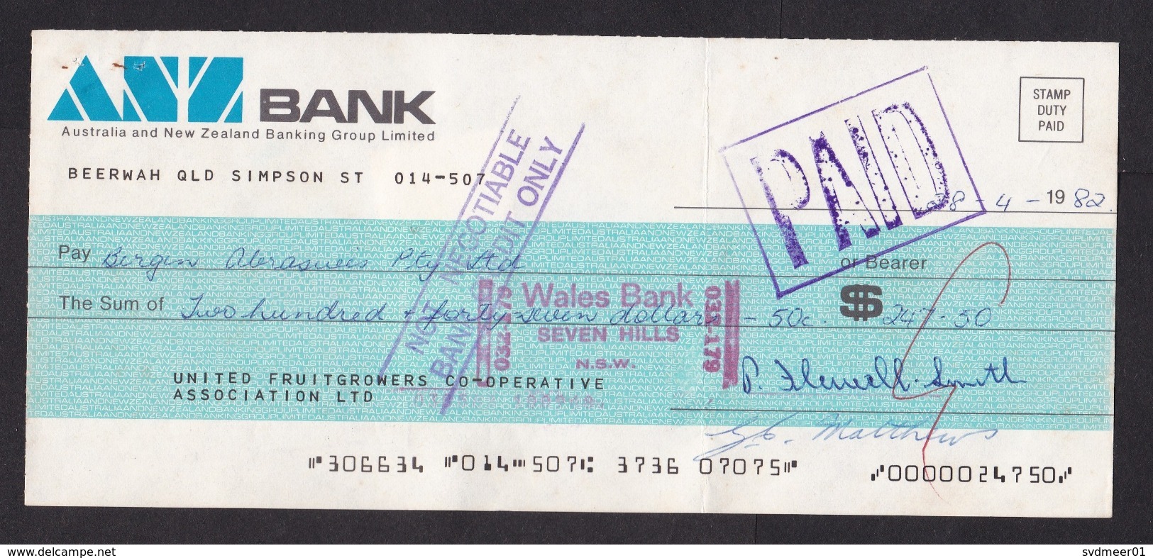 Australia - New South Wales NSW: Bank Payment Form, 1982, 2x Revenue Stamp Duty, ANZ Bank (minor Damage) - Cheques En Traveller's Cheques