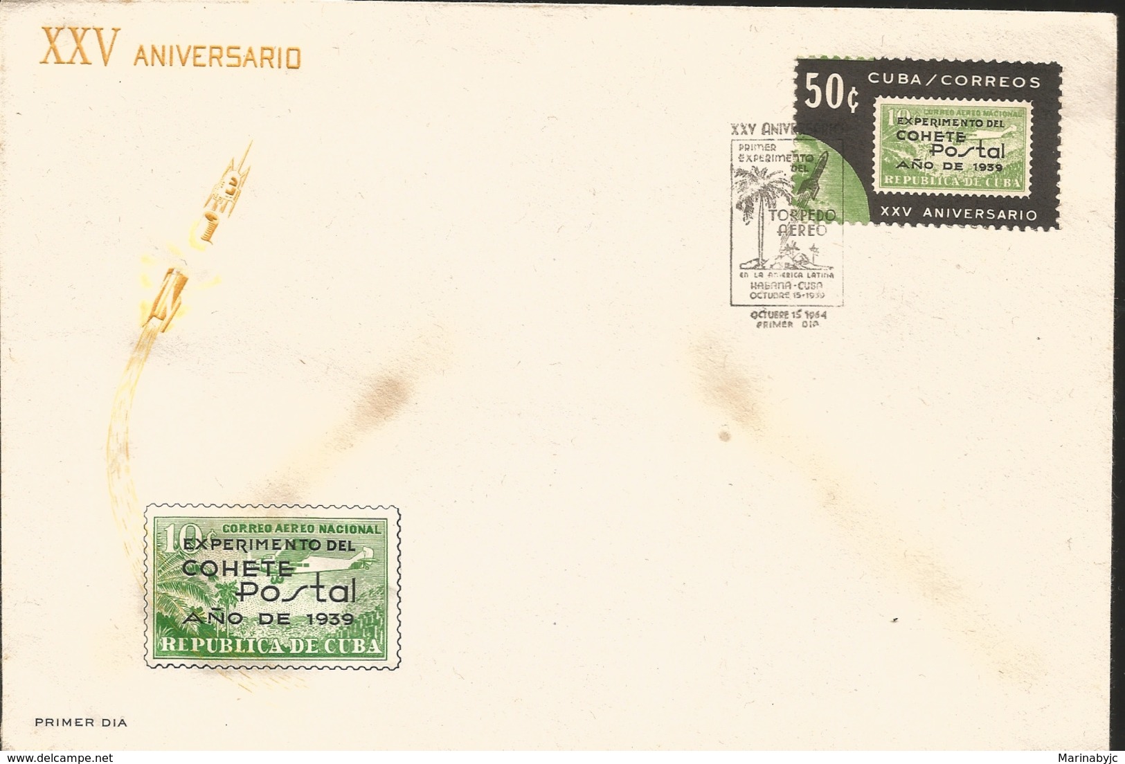 V) 1964 CARIBBEAN, EXPERIMENTAL CUBAN POSTAL ROCKET FLIGHT, 25TH ANNIVIVERSARY, WITH SLOGAN CANCELATION, FDC - Cartas & Documentos