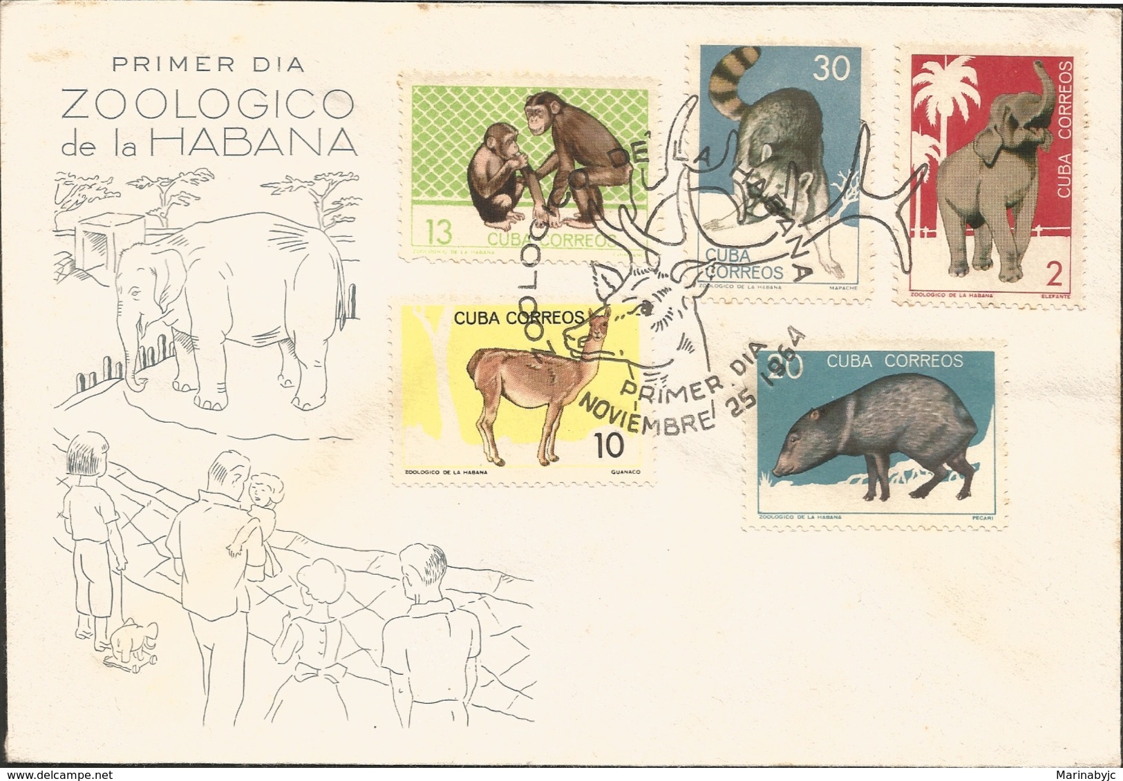 V) 1964 CARIBBEAN, HAVANA ZOO, ELEPHANT, CHIMPANZEES, PECCARY, WITH SLOGAN CANCELATION IN BLACK, FDC - Covers & Documents