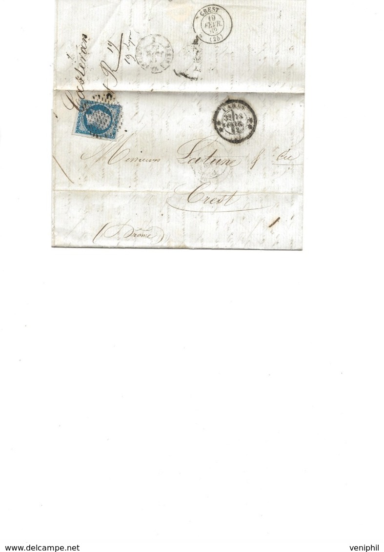 LETTRE AFFRANCHIE N° 14 TYPE II - OBLITERATION CERCLE DE POINTS -CAD PARIS 1862 - 1853-1860 Napoleone III