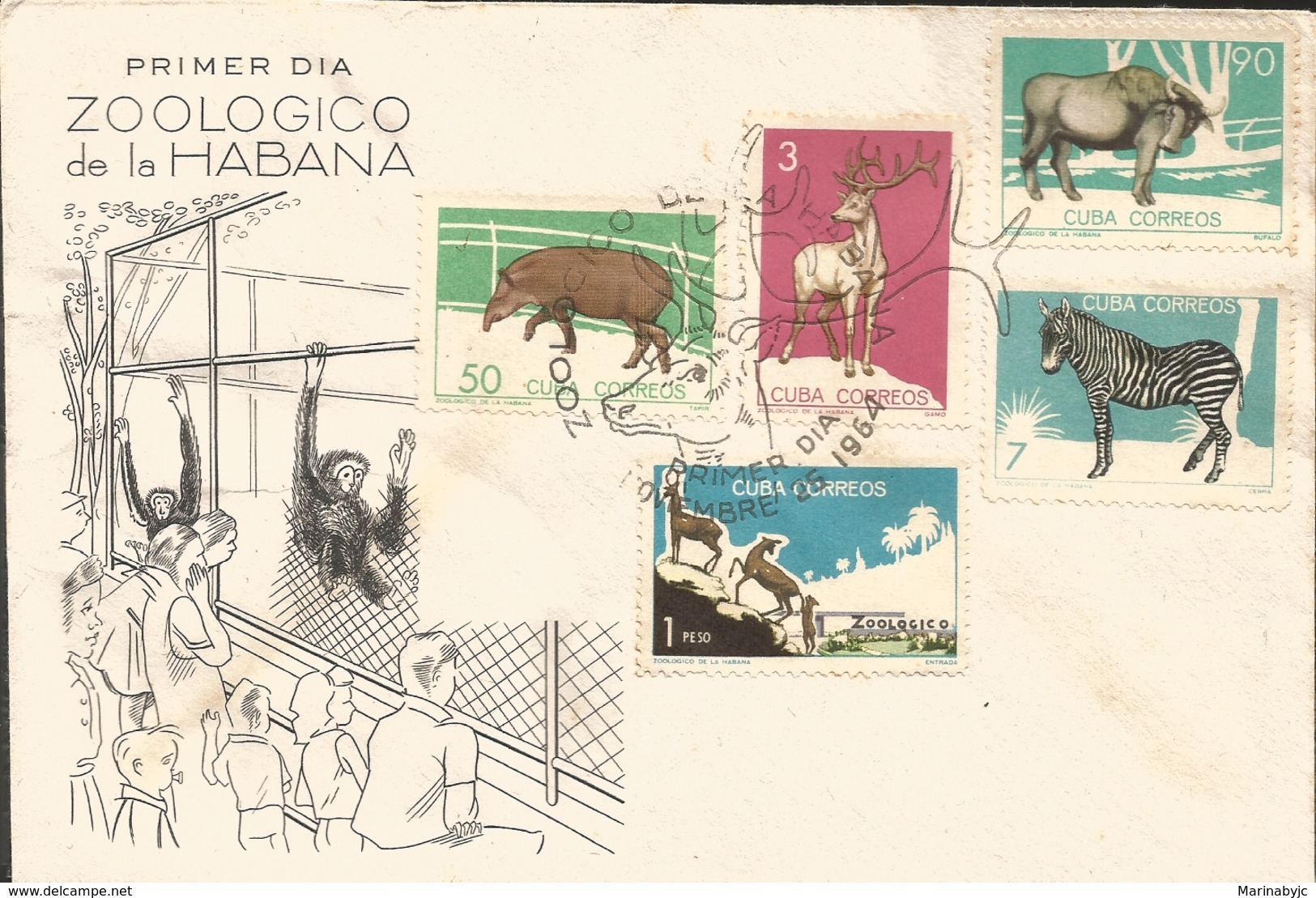 V) 1964 CARIBBEAN, HAVANA ZOO, ZEBRA, WATER BUFFALO, TAPIR, WITH SLOGAN CANCELATION IN BLACK, FDC - Covers & Documents