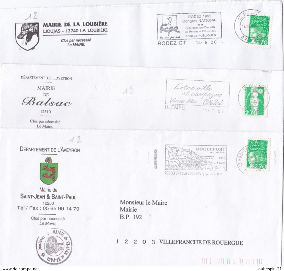 LOT De 18 Lettres Avec ENTÊTE MAIRIES Département Aveyron( Avec Flammes) - Oblitérations Mécaniques (flammes)