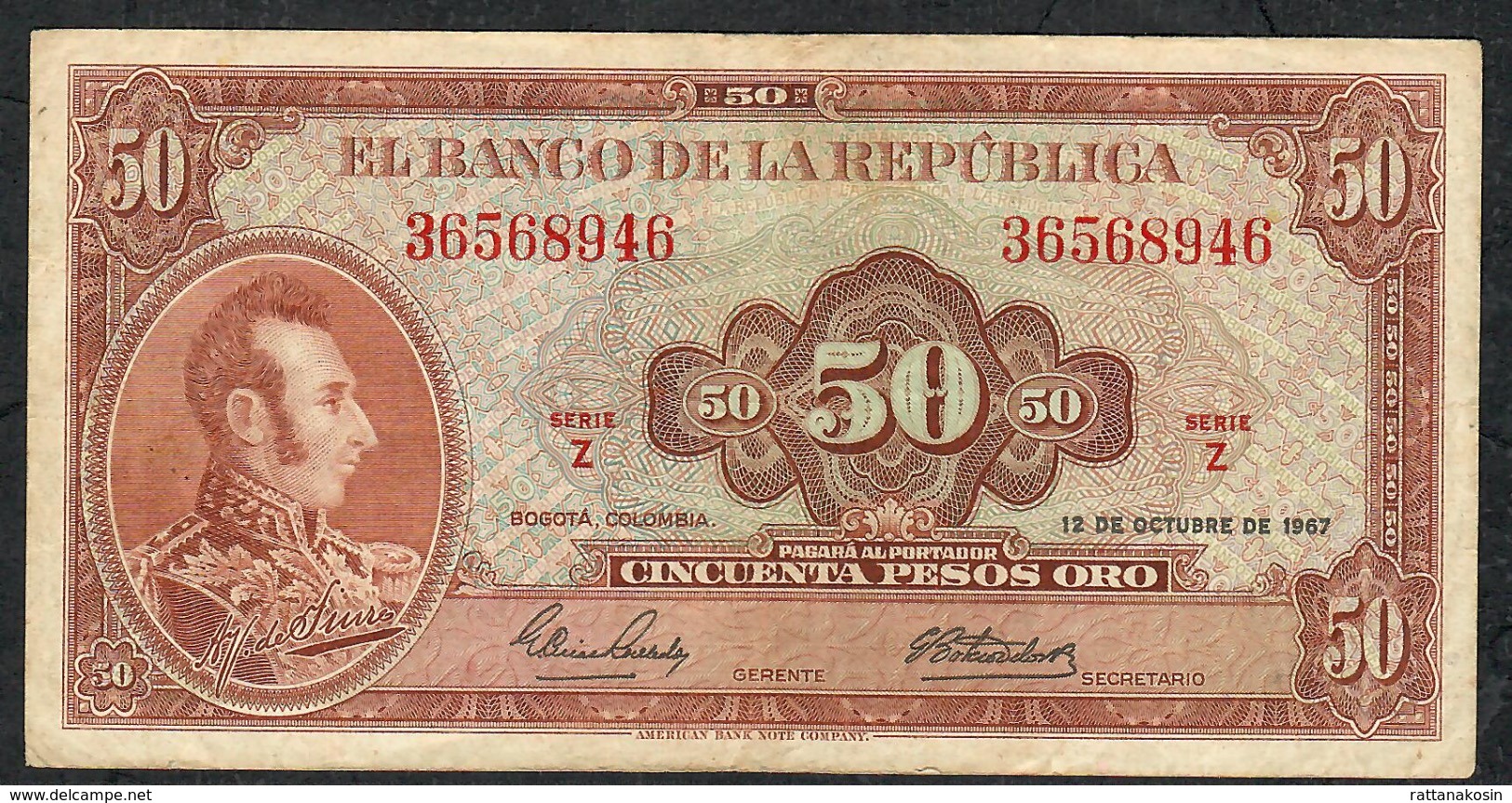 COLOMBIA P402b 50 PESOS ORO  12.10.1967 Serie Z     VF      NO P.h. - Colombia