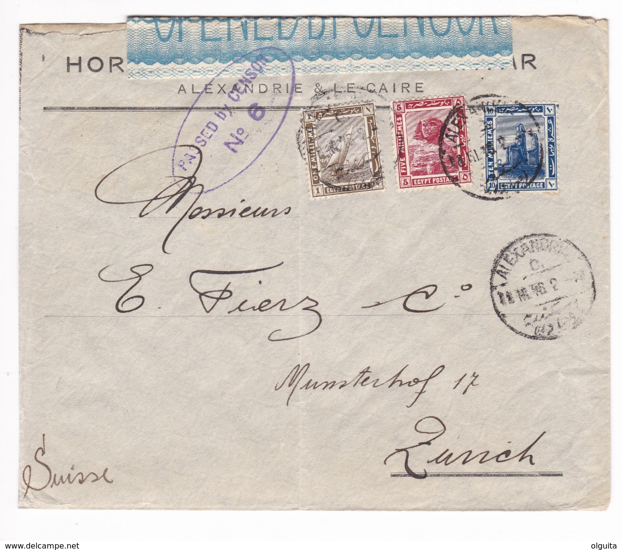 841 A/29 -- EGYPT WWI CENSORSHIP - Tricolour Franked Cover ALEXANDRIA 1916 To Suisse - Purple Censor No 6 (Type 1) - 1915-1921 Protectorat Britannique