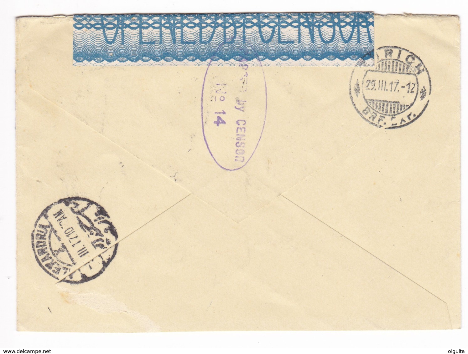 843 A/29 -- EGYPT WWI CENSORSHIP - Cover ALEXANDRIA 1917 To Suisse - Purple Censor No 14 (Type 1) - 1915-1921 Protectorat Britannique