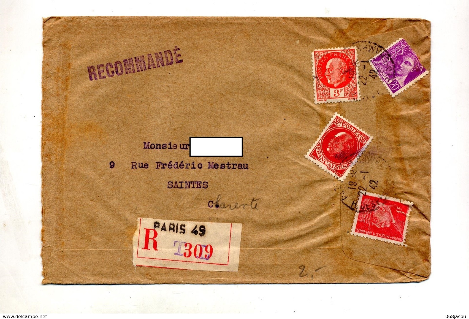 Lettre Recommandée Paris 49 Sur Patain Mercure - Manual Postmarks