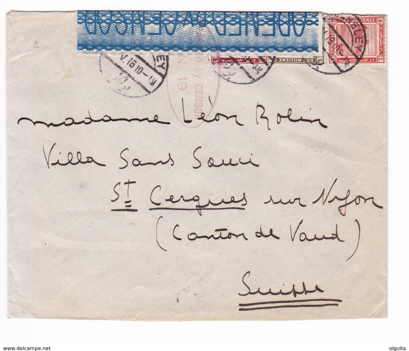 846 A/29 -- EGYPT WWI CENSORSHIP - Tricolour Franked Cover BULKELEY 1916 To Suisse - Red Censor No 19 (Type 1) - 1915-1921 Protettorato Britannico