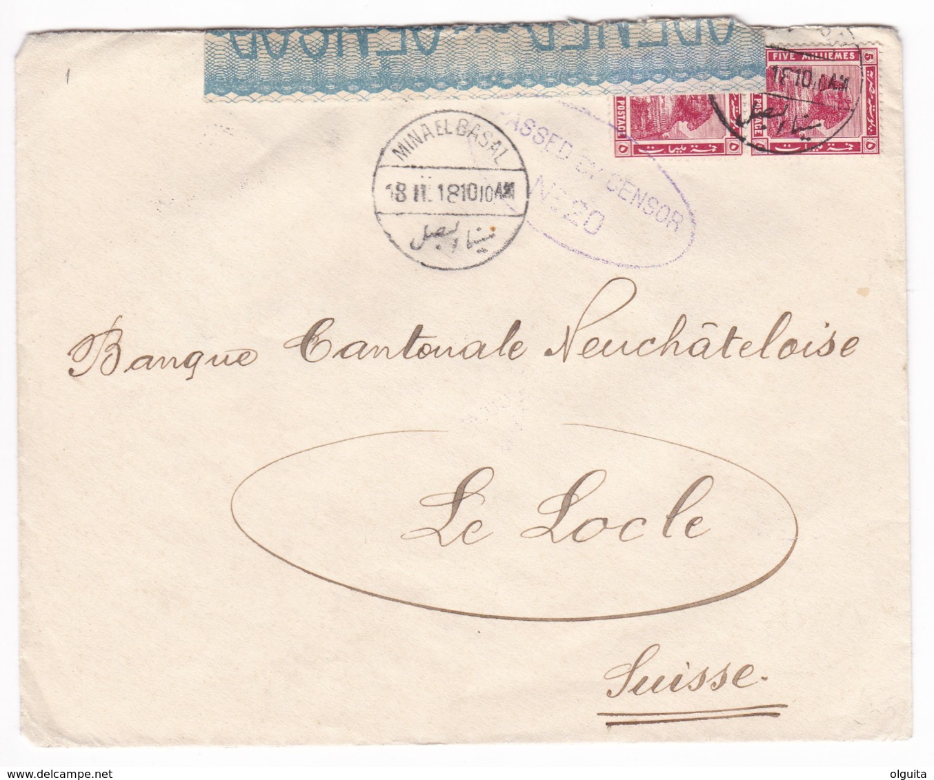 847 A/29 -- EGYPT WWI CENSORSHIP - Cover MINA EL BASAL 1918 To Suisse - Purple Censor No 20 (Type 2 ) - 1915-1921 Protectorat Britannique