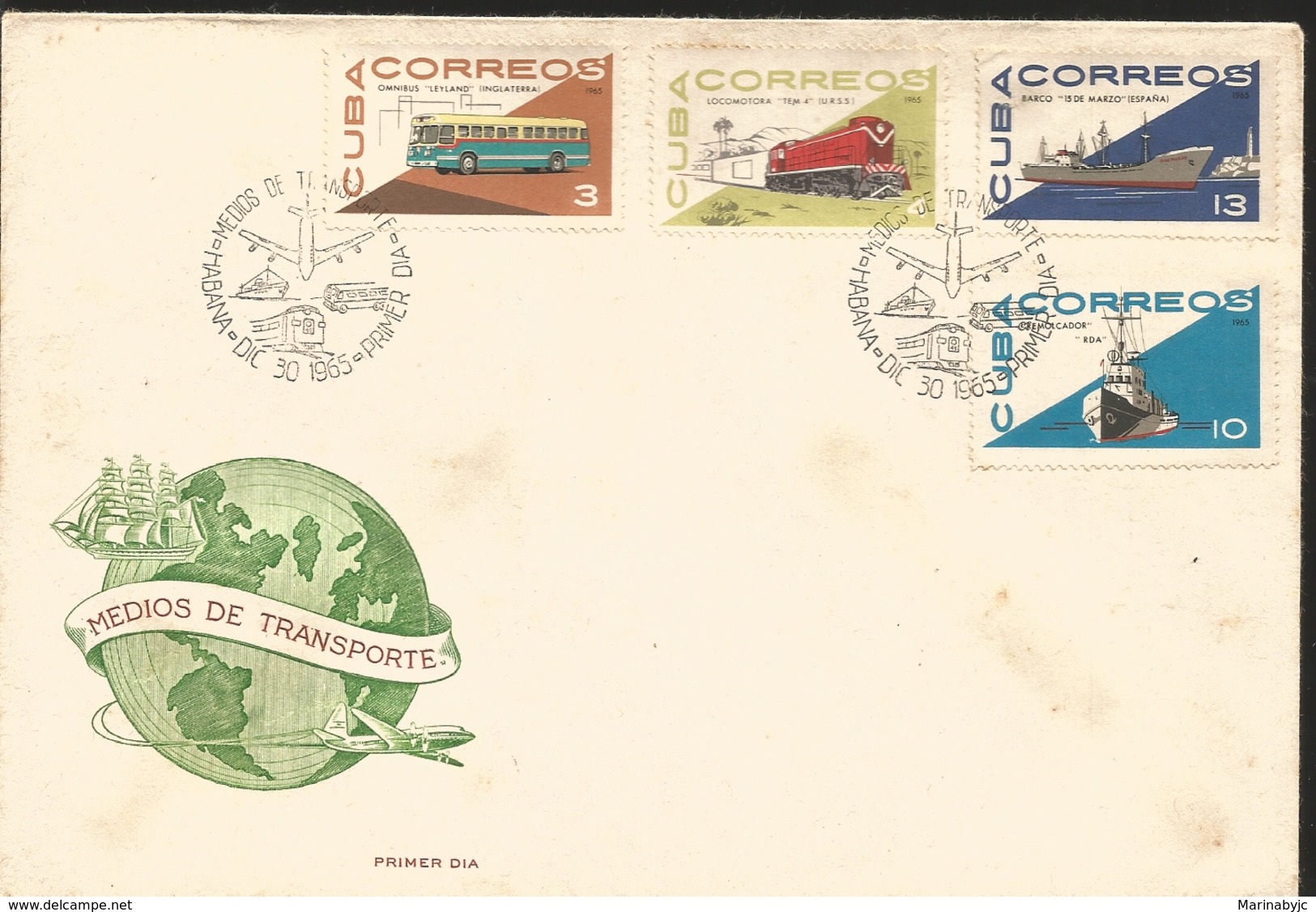 V) 1965 CARIBBEAN, TRANSPORTATION, LEYLAND BUS, TEM-4 LOCOMOTIVE, REMOLCADOR TUGBOAT, WITH SLOGAN CANCELATION IN BLACK, - Lettres & Documents