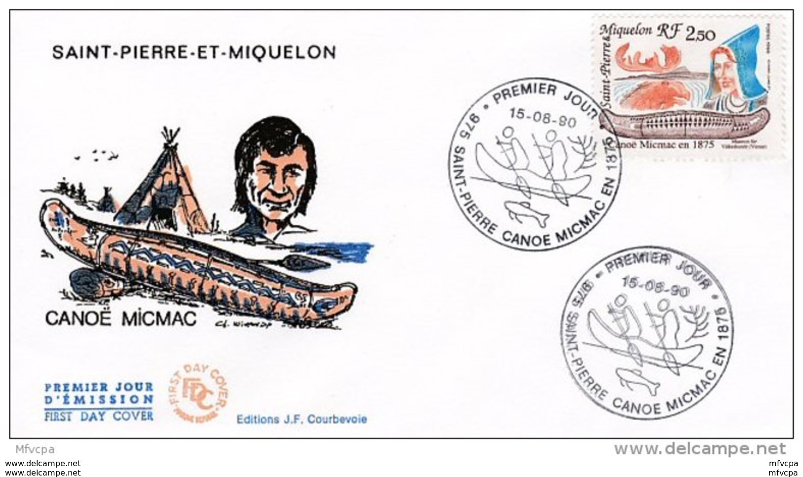 L4H194 SAINT PIERRE MIQUELON 1990 FDC Canoe Mimac 2,50f Saint-Pierre 15 08 1990 /envel.  Illus. - FDC