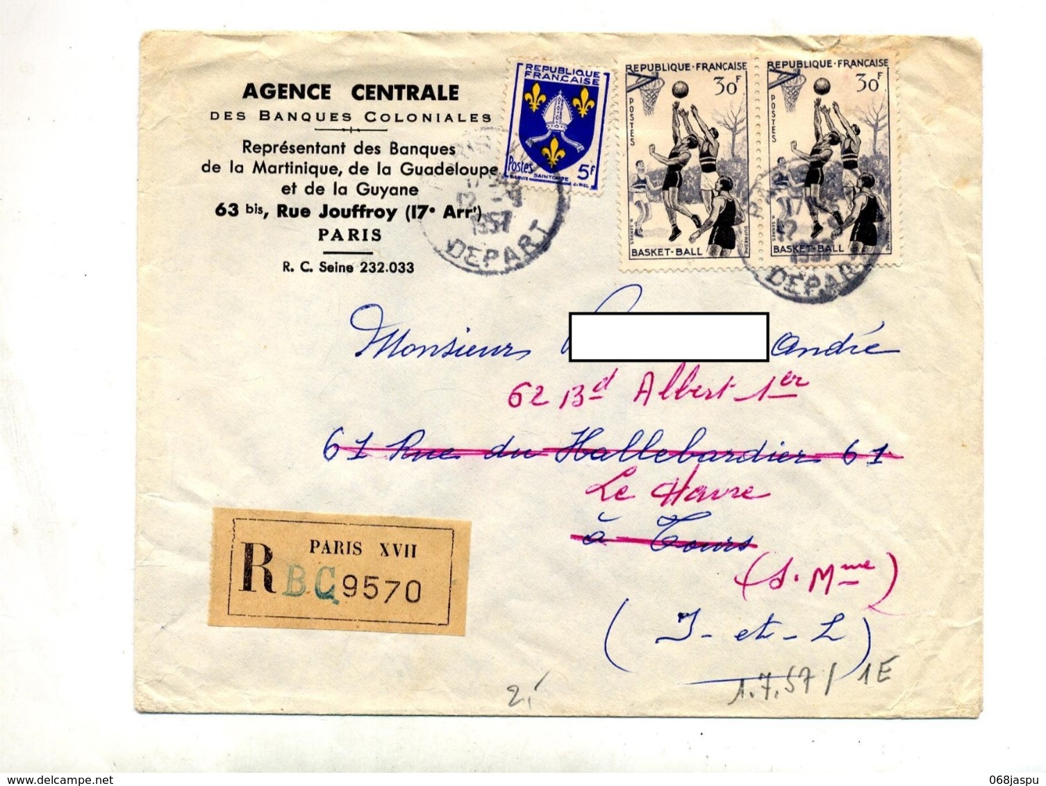 Lettre Recommandée Paris XVII Sur Basket Entete Banque Martinique Guadeloupe Guyane - Manual Postmarks