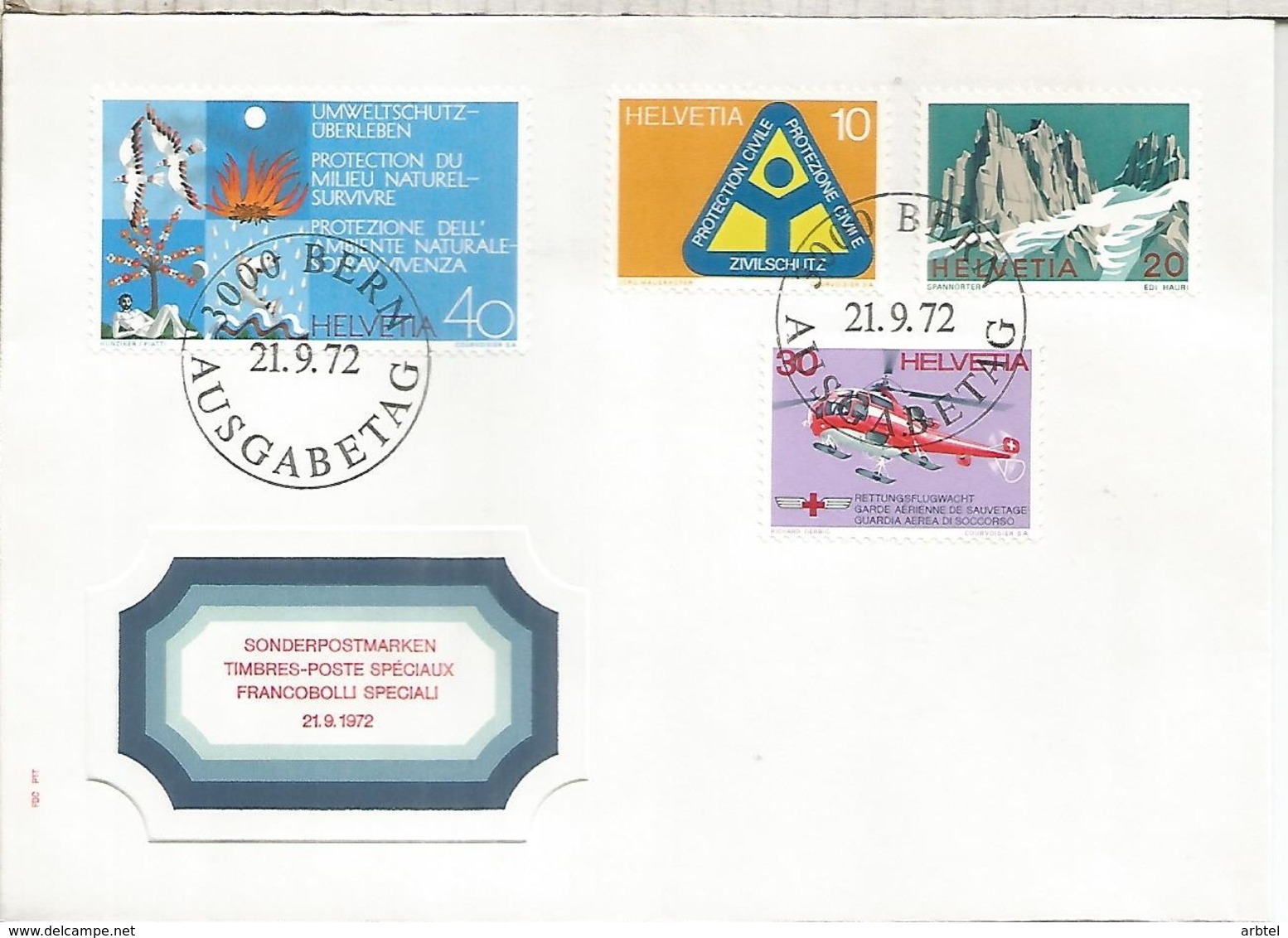 SUIZA FDC 1972 SELLOS HELICOPTERO MONTAÑA PROTECCION CIVIL NATURALEZA - Protección Del Medio Ambiente Y Del Clima