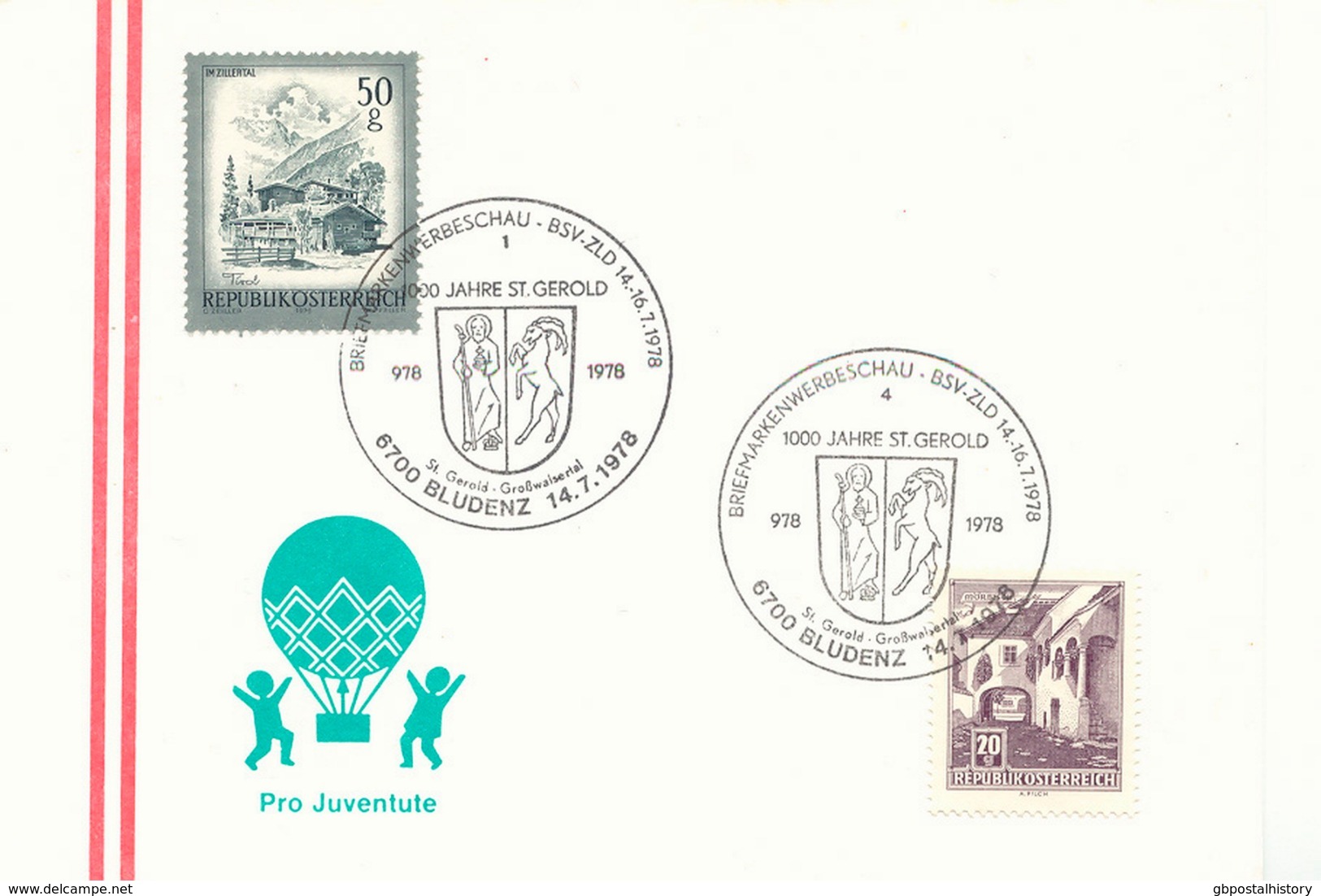 ÖSTERREICH 1978 6700 BLUDENZ Briefmarken Werbeschau - BSV-ZLD 14.-16.7.1978 1000 Jahre St. Gerold 978 - 1978 - Maschinenstempel (EMA)