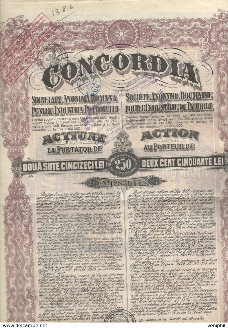 LOT DE 9 ACTIONS CONCORDIA - SOCIETE ANONYME ROUMAINE POUR L'INDUSTRIE DU PETROLE. 1923 - Erdöl