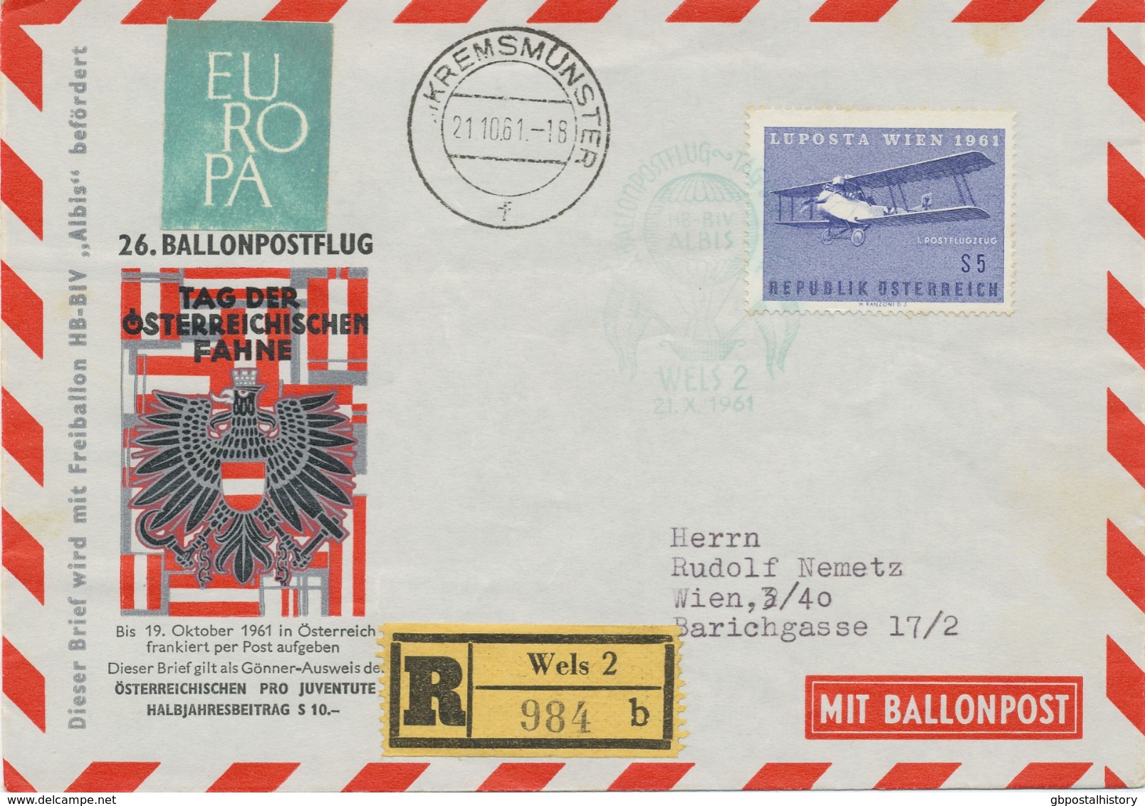 ÖSTERREICH 21.10.1961, Flugzeug 5 S. Als EF A. Kab.-R-Ballonpost-Bf Mit Freiballon HB-BIV "Albis" Befördert - Other & Unclassified