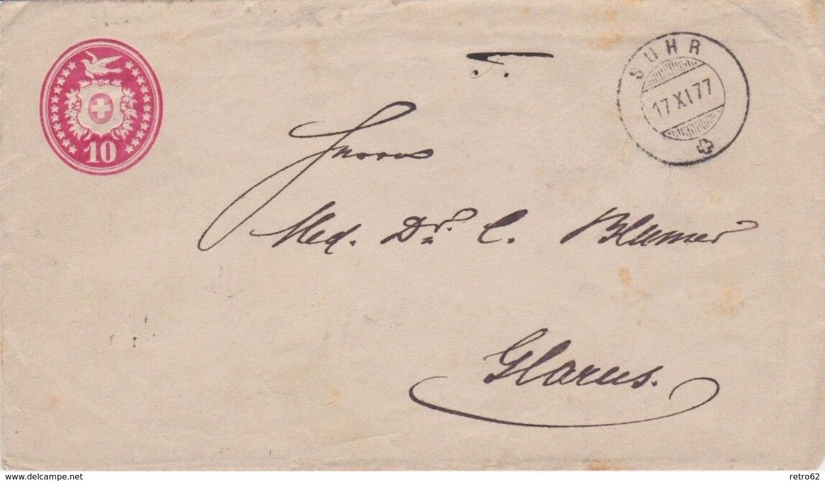 1877 Switzerland → 10 C Red Postal Stationery Letter Suhr Cover To Glarus - Lettres & Documents