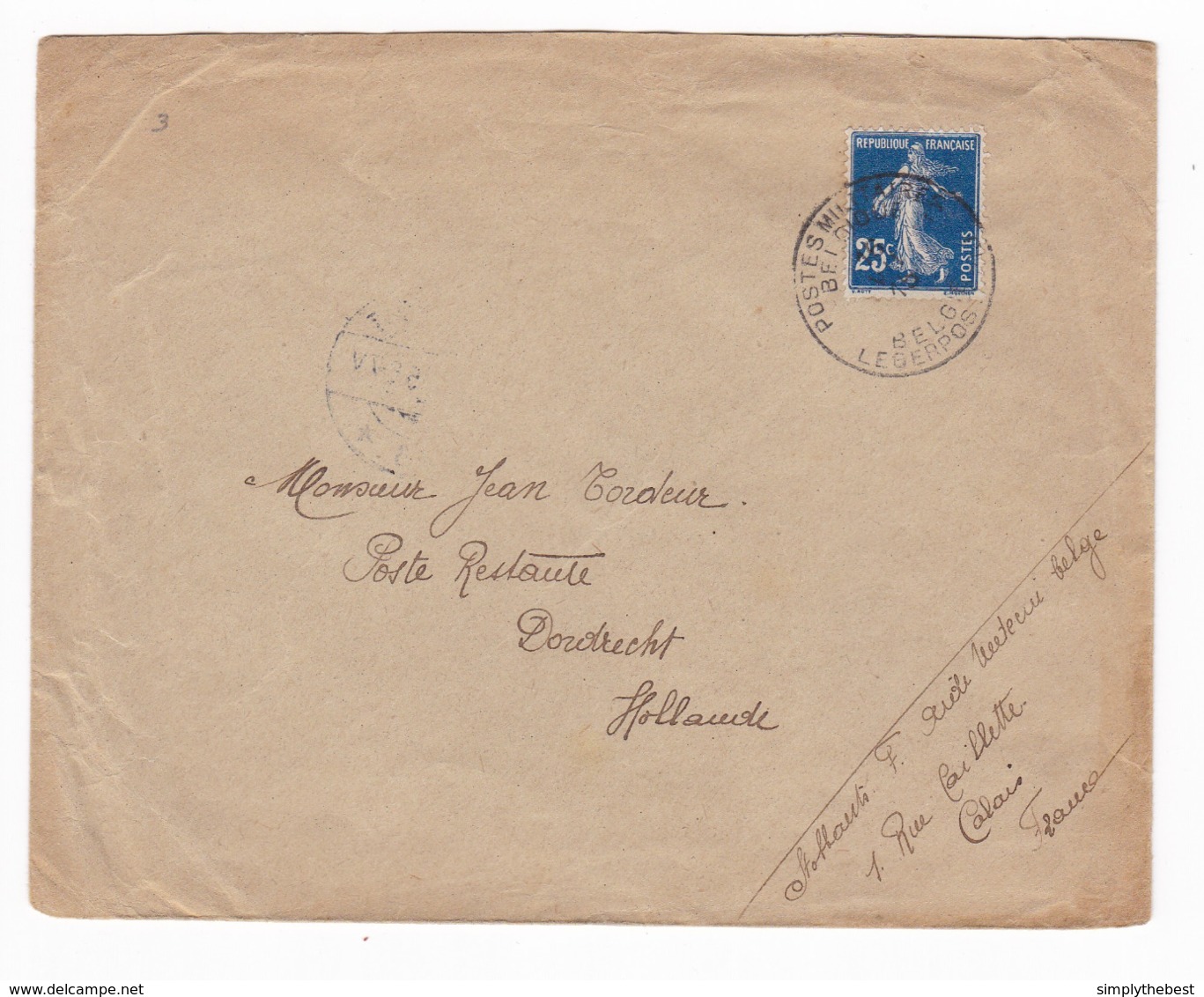 868/29 - Enveloppe TP Semeuse Postes Militaires Belges 1916 Vers Le Célèbre Passeur Jean Tordeur à DORDRECHT NL - Oorlog 1914-18