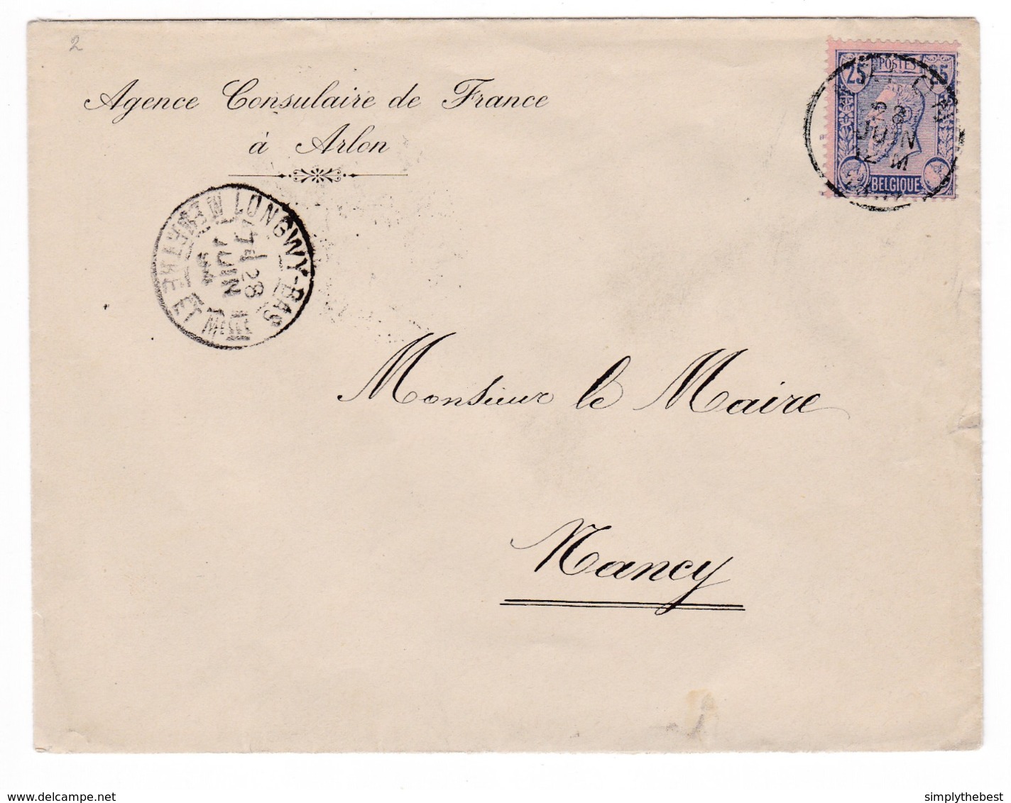 874/29 - Enveloppe TP 48 ARLON 1894 Vers NANCY Meurthe Et Moselle Via LONGWY-BAS - Entete Et Cachet Consulat De France - 1884-1891 Leopold II
